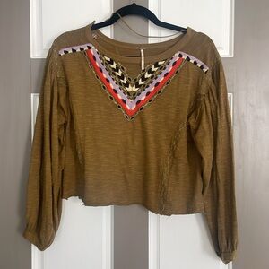 FREE PEOPLE SMALL CROP TOP EMBROIDERED OLIVE GREEN BLOUSE